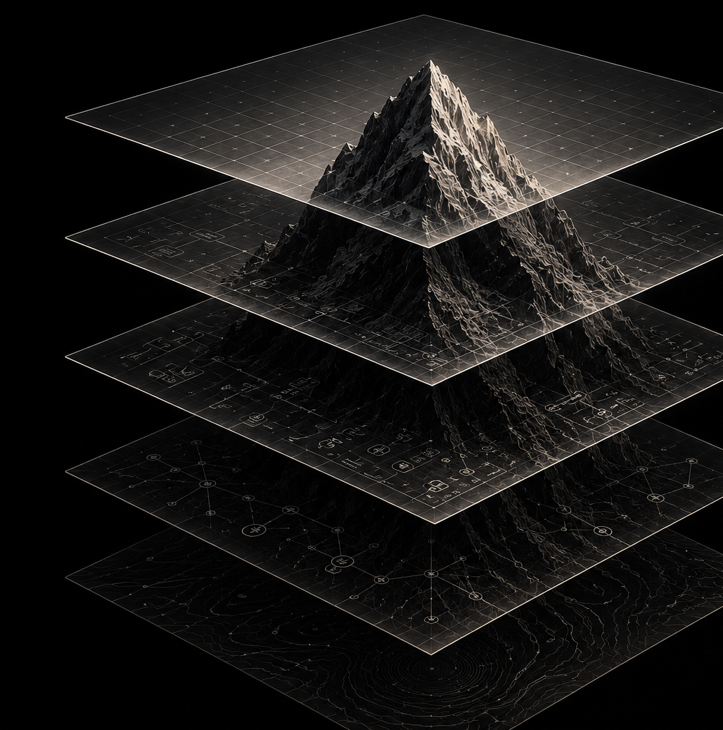 A message shown as stacked layers rising into a peak.
